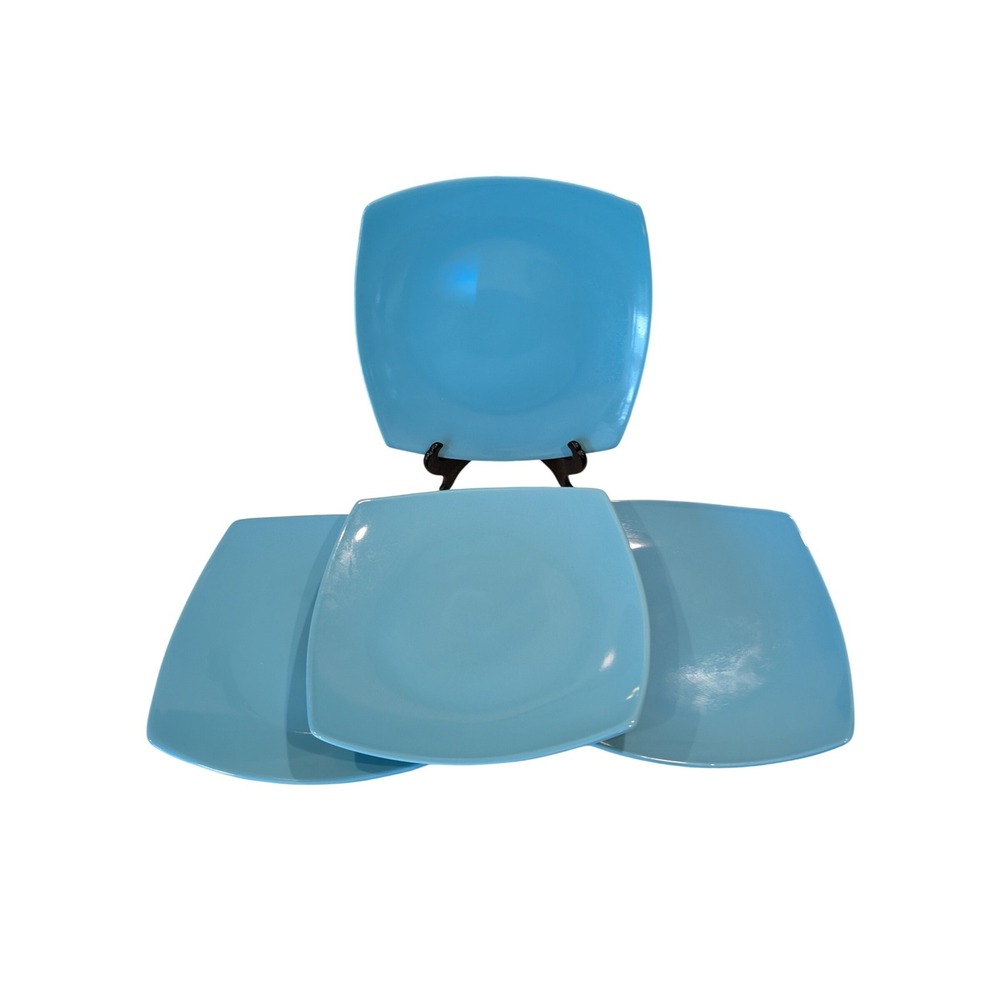 Crate & Barrel Dinner Plates Turquoise Blue Square  Set of 4 Stoneware 10X10